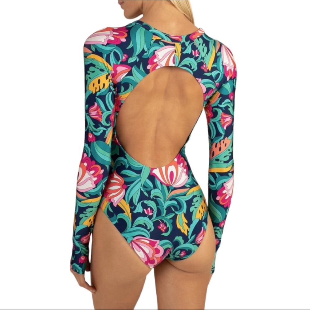 Trina Turk Womens Botanical Floral Long Sleeve One Piece Swimsuit 3671045M NEW - Picture 2 of 8